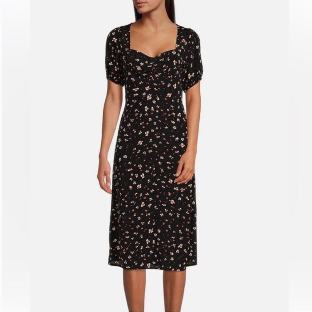 NWT SANCTUARY Sweetheart Neck Floral Black Puff Sleeve Midi Dress